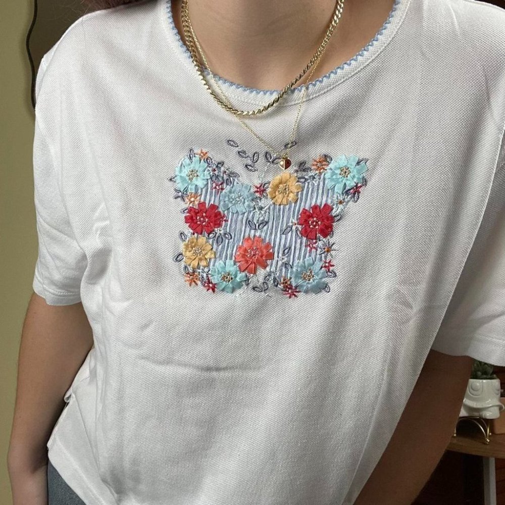 Vintage Floral Embroidered White Tee
